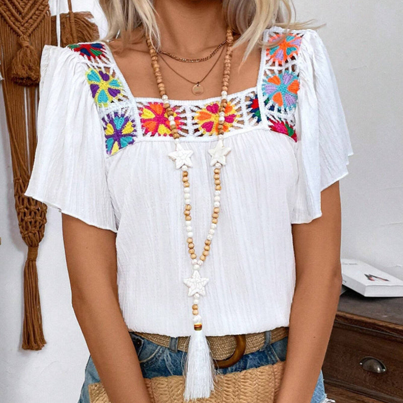 Women's Elegant Square Neck Crochet-Trimmed Geometric Floral Print Short Sleeve Shirt Casual Top