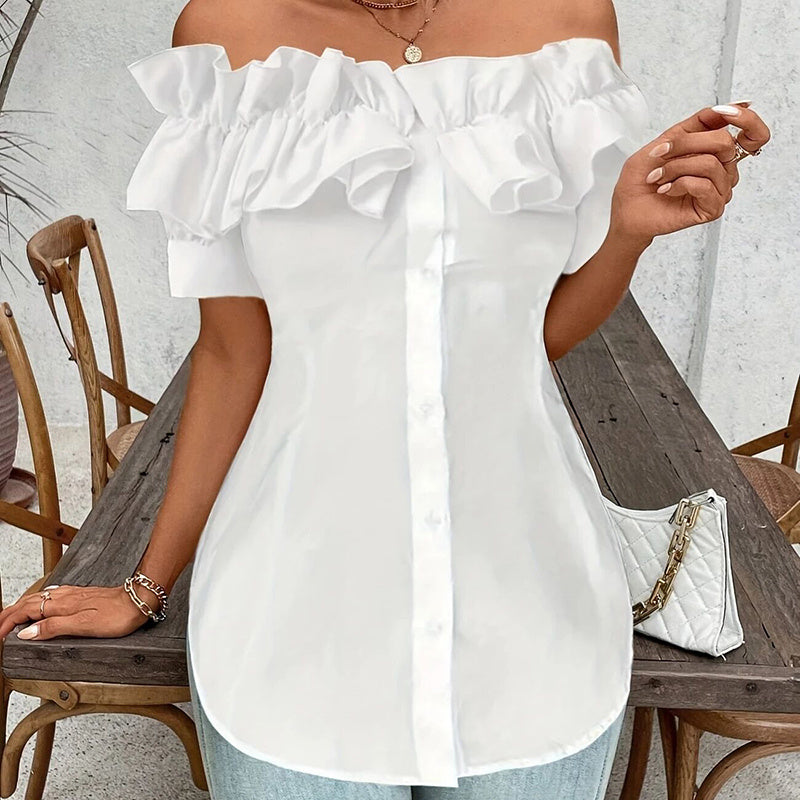 Women's Solid Color Off-Shoulder Ruffled Blouse - Waist Button-Down Shirt
