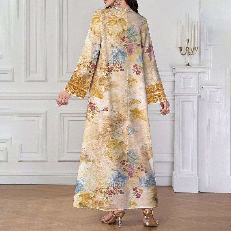Women's Chic Bohemian Floral V-Neck Maxi Dress, Elegant Golden Long Sleeve Loose Fit Casual