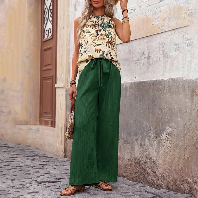 Women's 2 Piece Outfits Casual Sleeveless Halter Neck Crop Top Wide Leg Pants Set