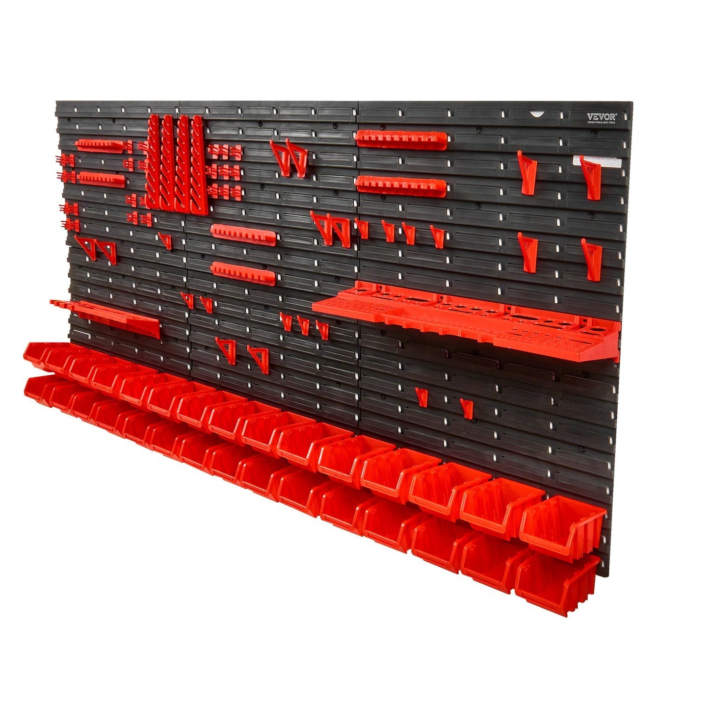 VEVOR Wall Mounted Storage Bins, 30-Bin Parts Rack Organizer Garage Plastic Shop Tool With Wall Panels Tool Holders Hooks, Tool Organizer For Nuts, Bolts, Screws, Nails, Beads, Buttons, Black And Red