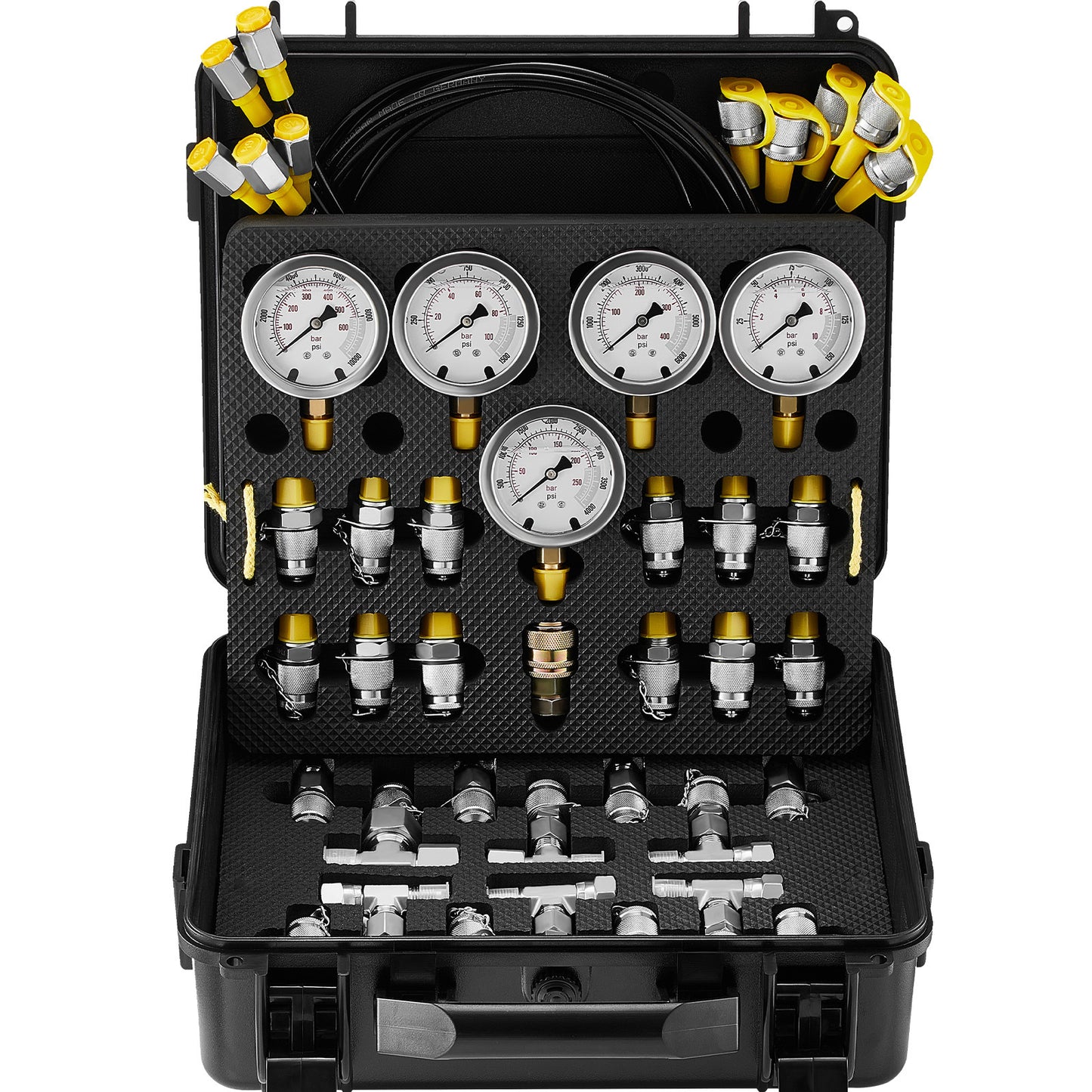 VEVOR Hydraulic Pressure Test Kit, 5 Gauges 13 Couplings 14 Tee Connectors 5 Test Hoses, Excavator Hydraulic Test Gauge Set With Carrying Case For Excavator Tractors Machinery
