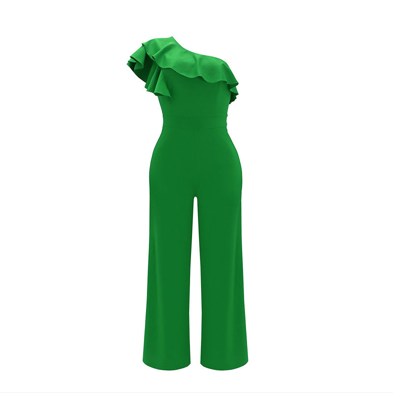 Women Dressy Jumpsuits Sleeveless Ruffle One Shoulder Casual Wide Leg Pants Romper