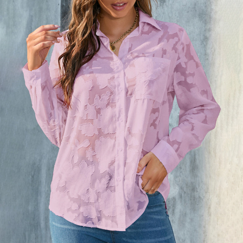 Women's Casual Sheer Button Down Shirt Long Sleeve V Neck Jacquard Blouse Top