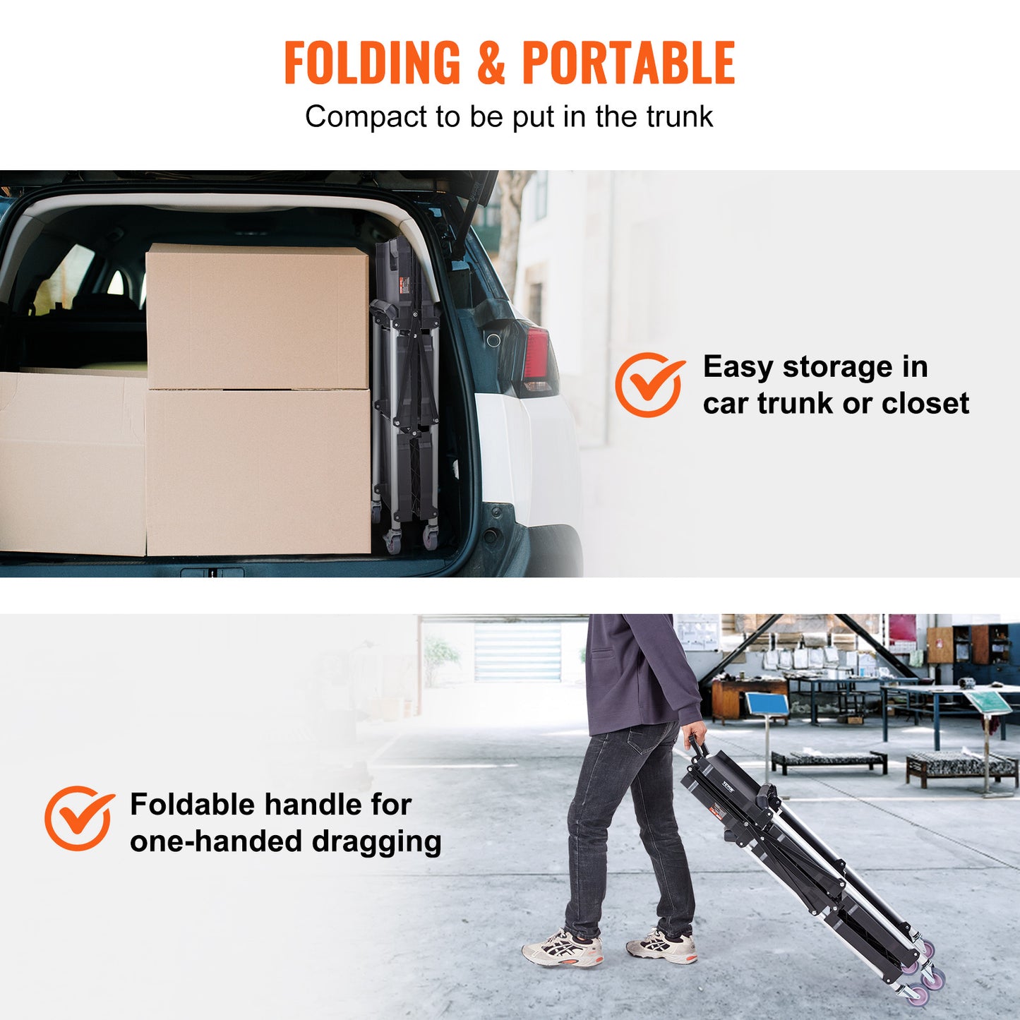 VEVOR Foldable Utility Service Cart, 3 Shelf 165LBS Heavy Duty Plastic Rolling Cart With Lockable Wheels, Ergonomic Handle, Portable Garage Tool Cart