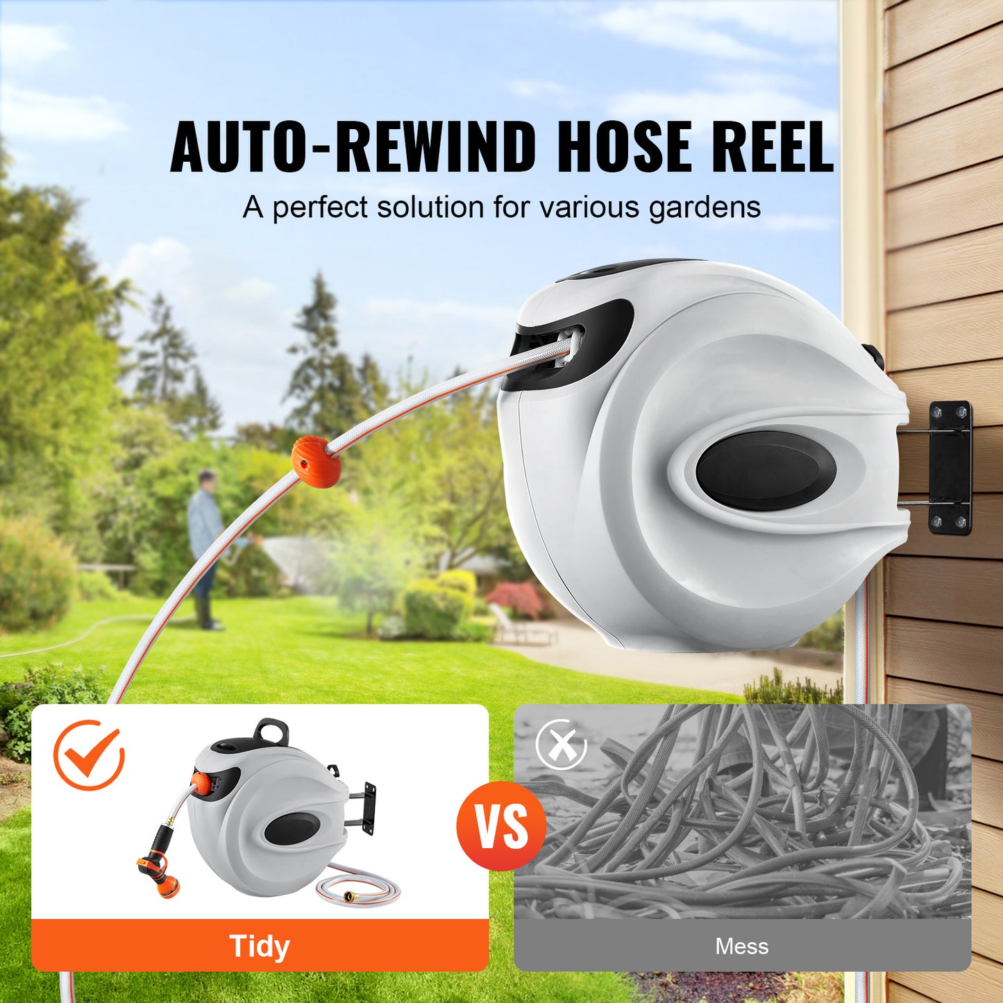VEVOR Retractable Hose Reel Water Hose Reel Swivel Wall-Mounted