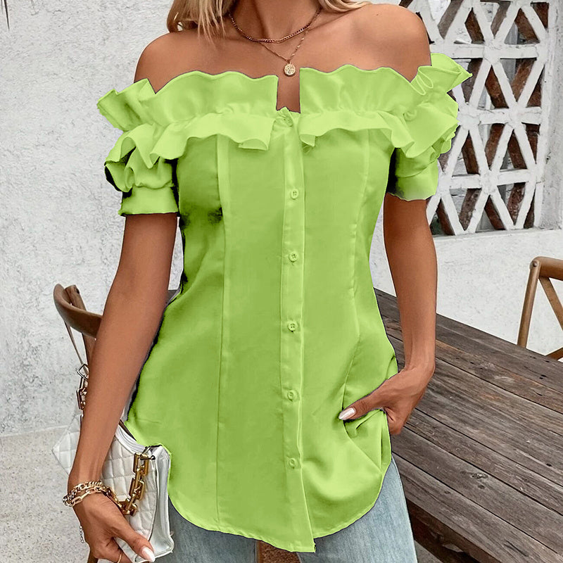 Women's Solid Color Off-Shoulder Ruffled Blouse - Waist Button-Down Shirt