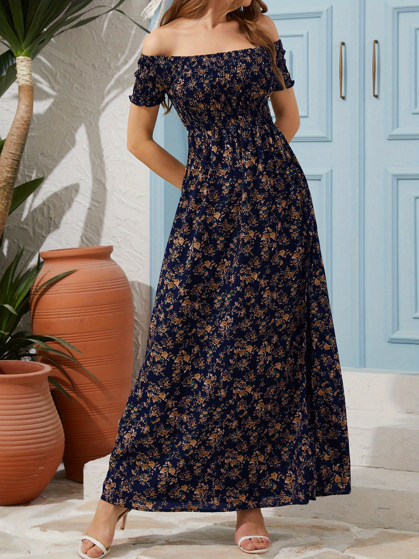 Women's Summer Elegant Off-Shoulder Printed Maxi Dress With Slit Hem