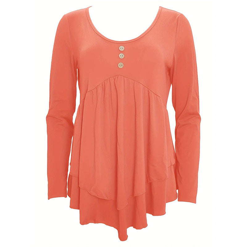 Casual Long Sleeve T-Shirt Solid Color Round Neck Layered Button Front Tunic Tops