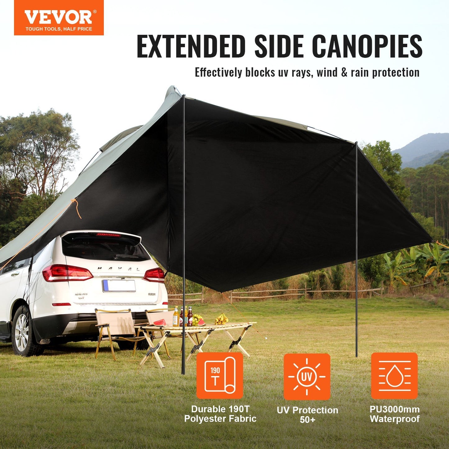 VEVOR Vehicle Awning, Large Shade Coverage Car Side Awning, PU2000mm UV50 Car Awning With Extended Side Canopies And Portable Storage Bag, Suitable For Truck, SUV, Van, Campers