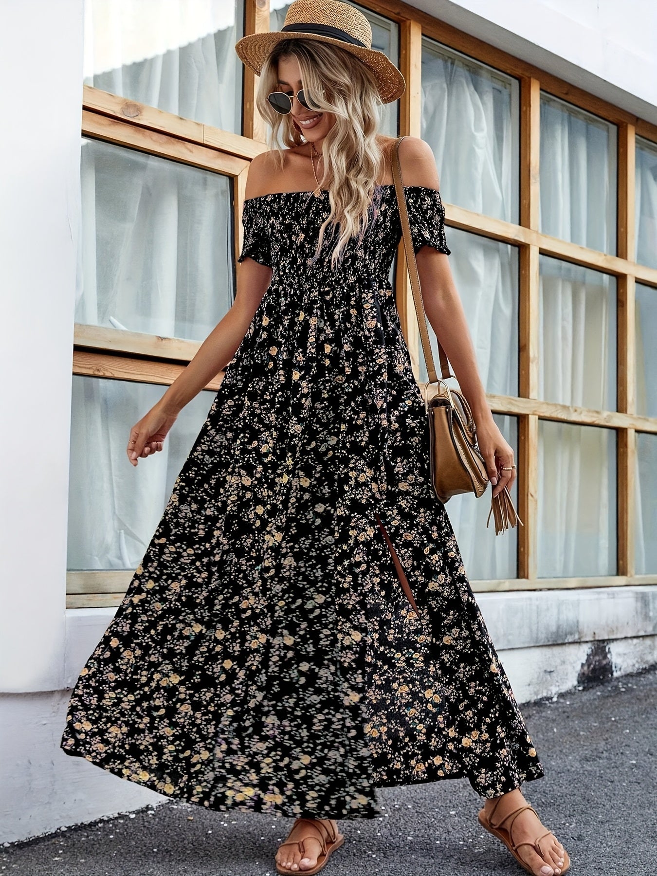 Women's Summer Elegant Off-Shoulder Printed Maxi Dress With Slit Hem