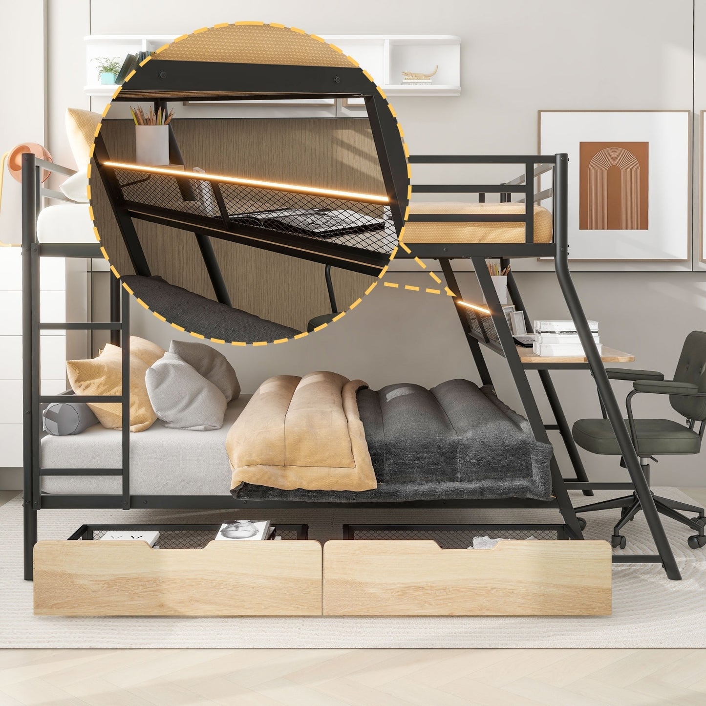 Full Size Metal Bunk Bed With Built-in Desk, Light And 2 Drawers, Black
