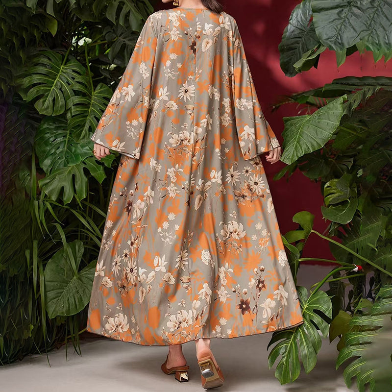 Women's Elegant Plus Size Floral Print Maxi Dress - Middle Eastern Bohemian Style Embroidery Long