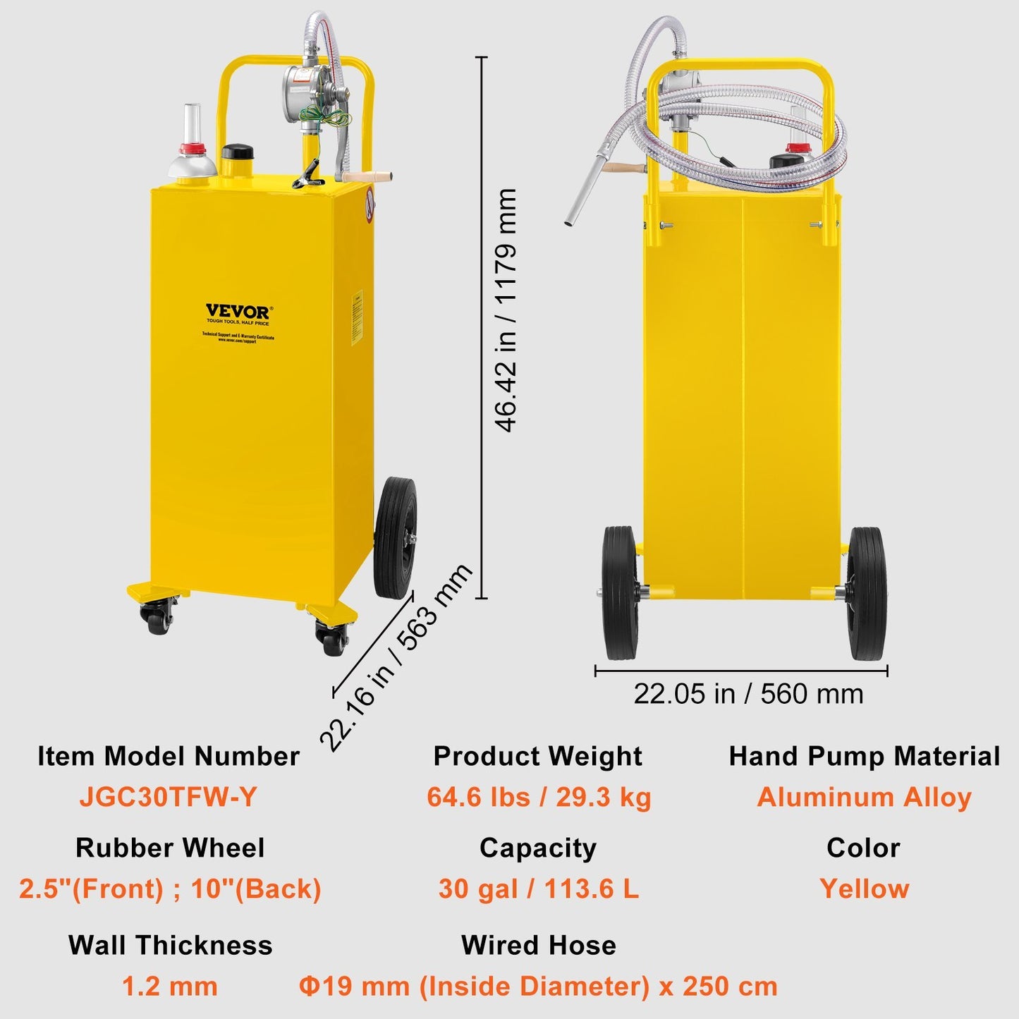 VEVOR 30 Gallon Fuel Caddy, Gas Storage Tank 4 Wheels, With Manual Transfer Pump, Gasoline Diesel Fuel Container For Cars, Lawn Mowers, ATVs, Boats, More, Yellow