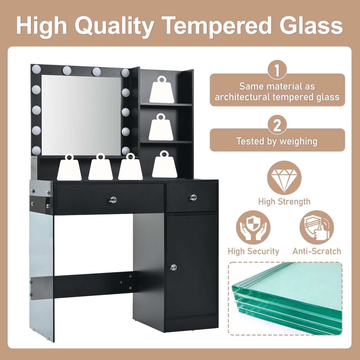 Vanity Desk With Mirror And 3 Lighting Modes, Makeup Vanity With Glass Top And Storage Shelves, Dressing Table With 2 Drawers And Cabinet