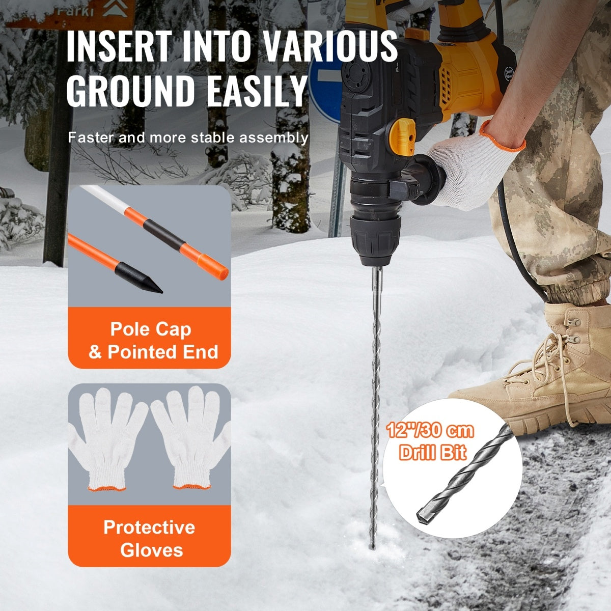 VEVOR Driveway Markers, 30 PCS 48 Inch, 0.4 Inch Diameter, Orange Fiberglass Poles Snow Stakes With Reflective Tape, Steel Drill Bit & Protection Gloves For Parking Lots, Walkways Easy Visibility