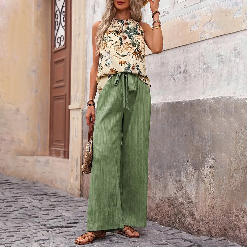 Women's 2 Piece Outfits Casual Sleeveless Halter Neck Crop Top Wide Leg Pants Set