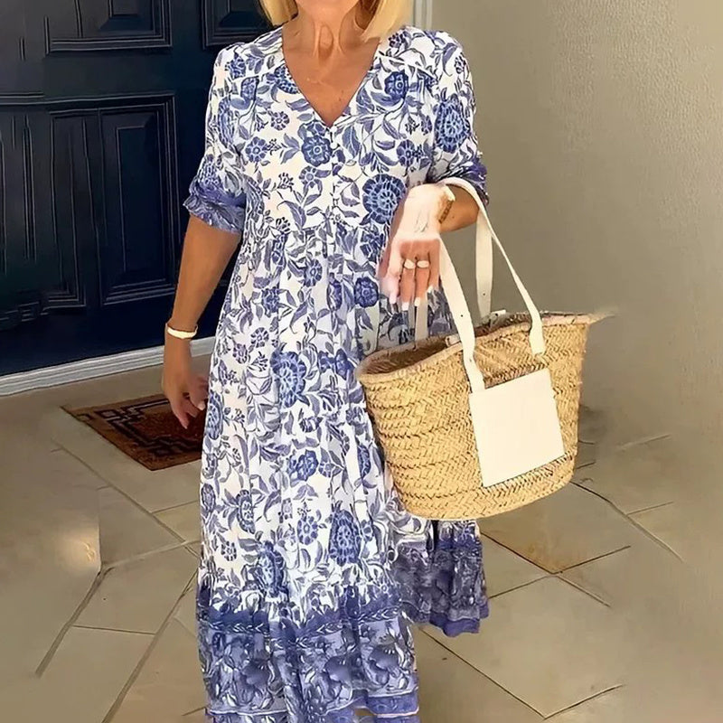 Women's Plus Size V-Neck Floral Print Dress - Loose Fit Casual