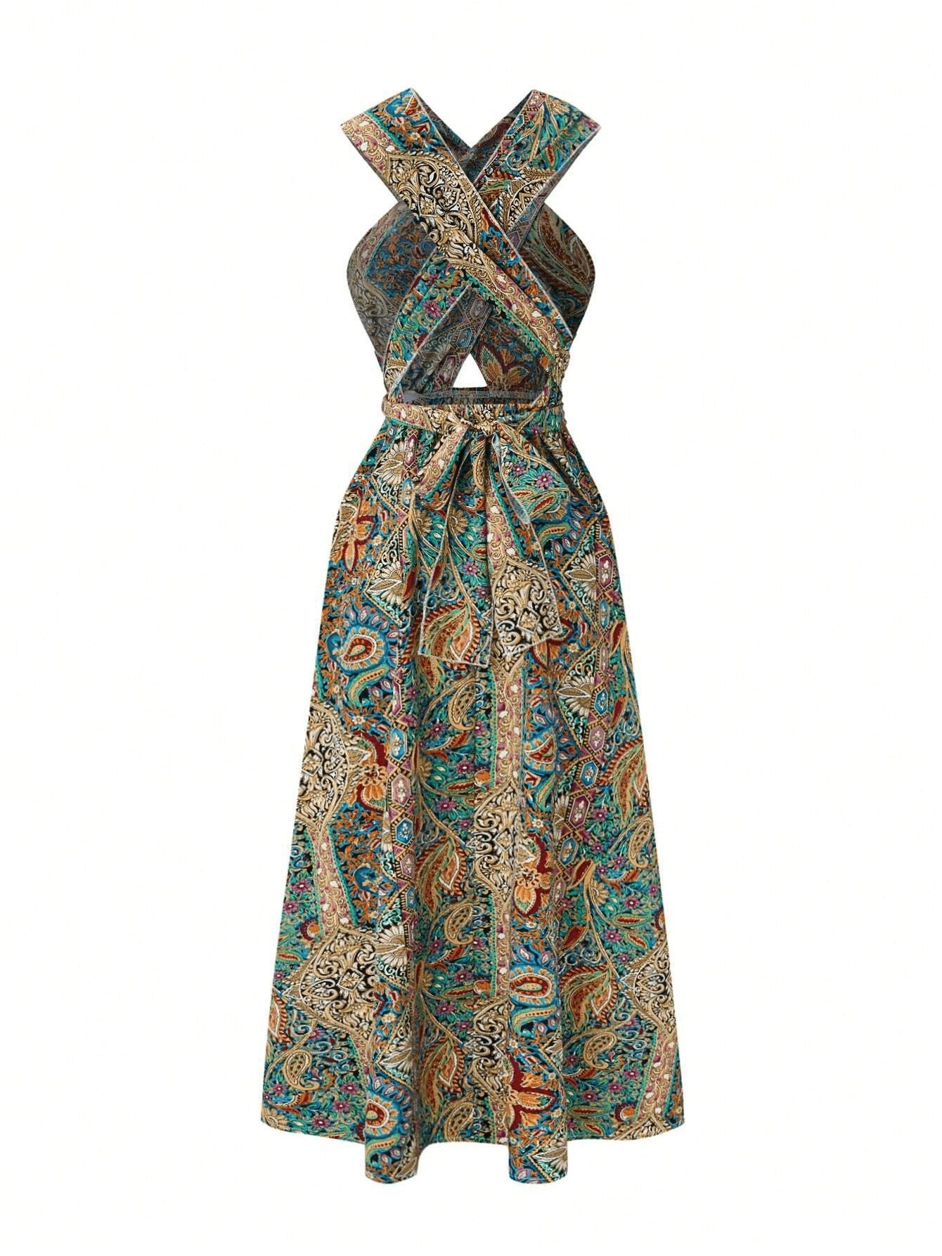 Women's Wrap-around Strappy Printed Halter High-waisted Dress