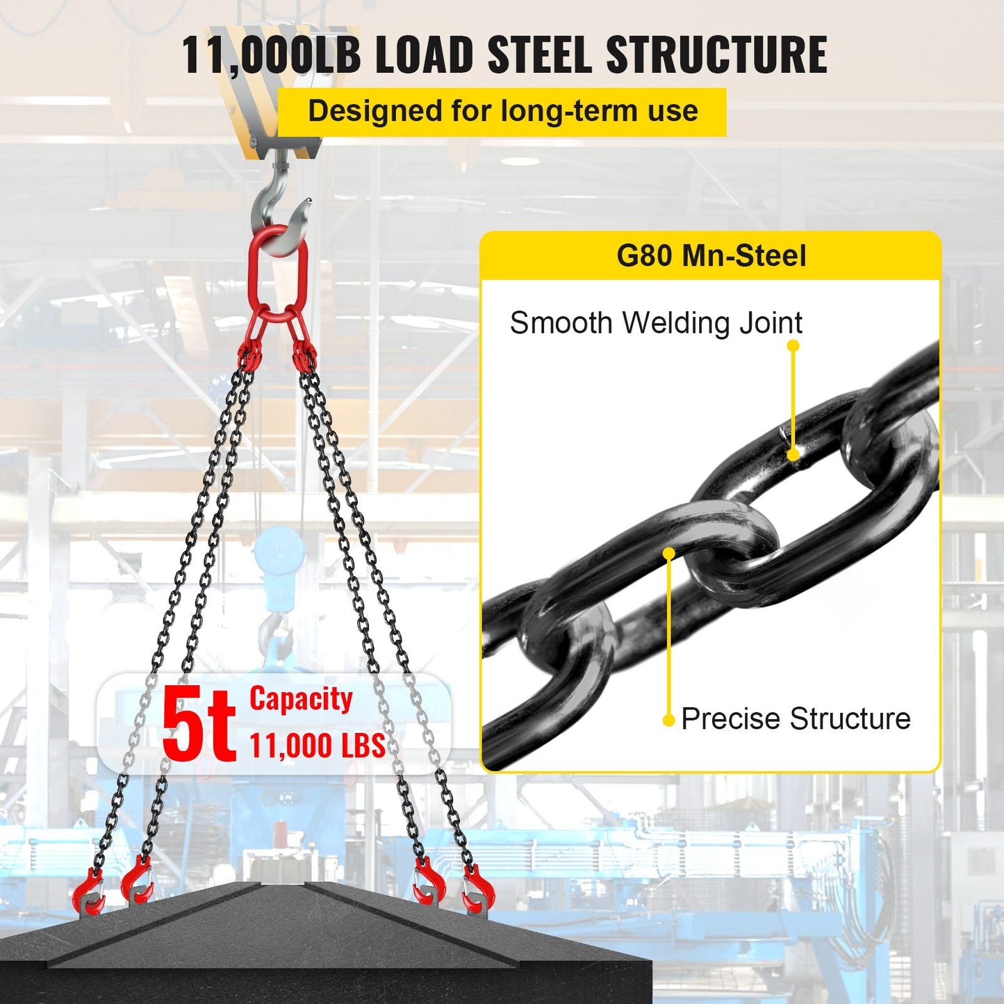 VEVOR 5Ft Chain Sling 5 Ft Engine Lift Chain G80 Alloy Steel Engine Chain Hoist Lifts 3 Ton With 4 Leg Grab Hooks