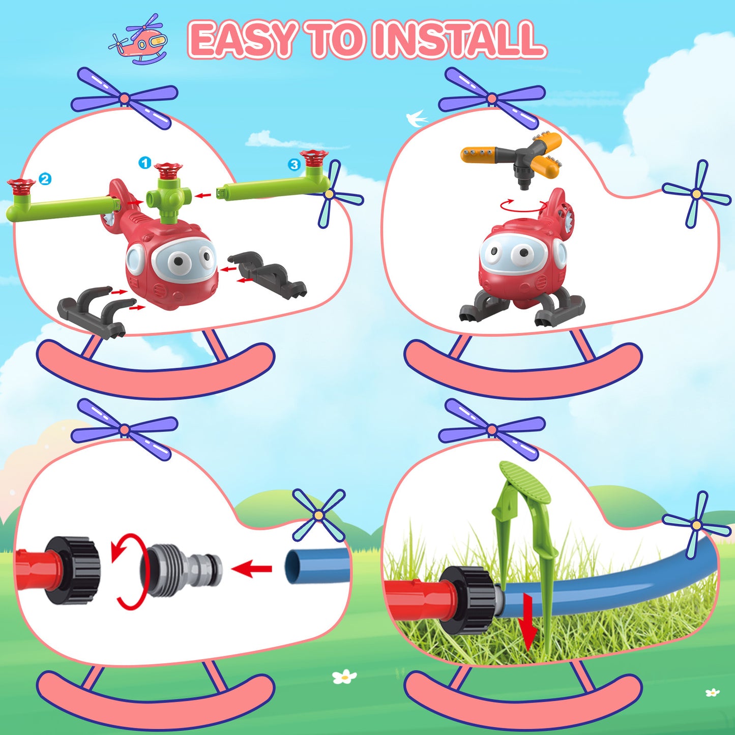 4 In 1 Water Sprinklers T Ball Set For Kids And Toddlers, Baseball Sprinkler For Backyard Helicopter Toy Outdoor Game, Attaches To Garden Hose