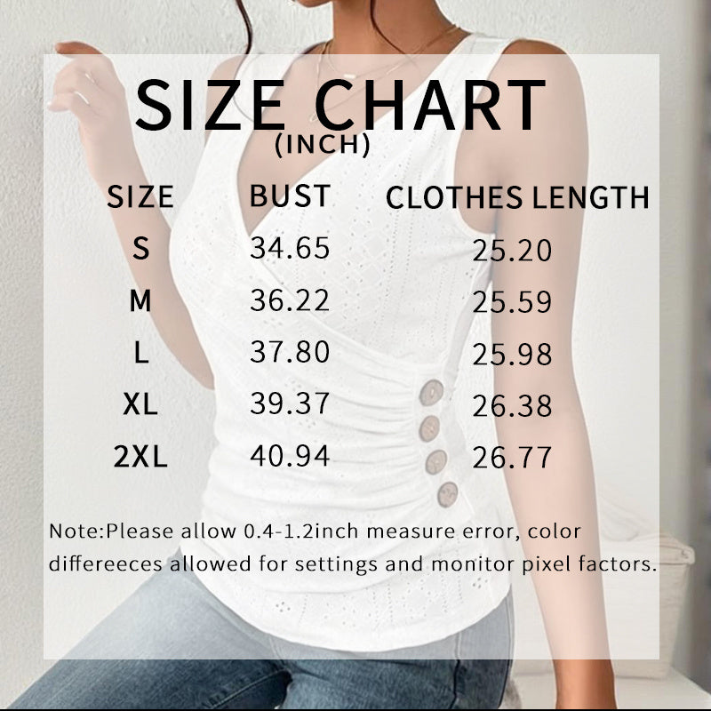 Women's V-Neck Sleeveless Ruched Tank Top Slim Fit Button Detail Summer Casual Tee