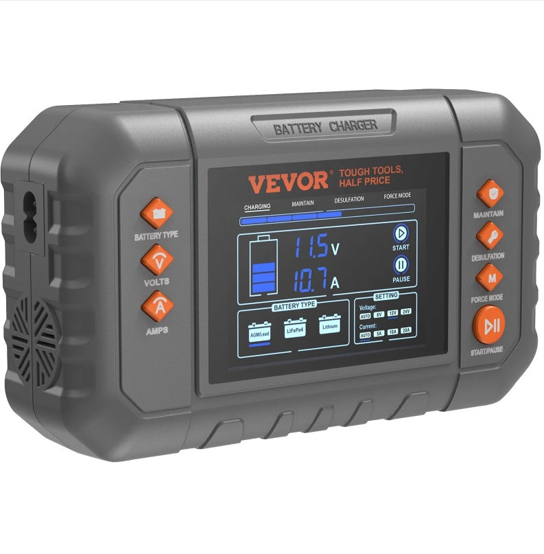 VEVOR Smart Battery Charger, 20-Amp, Lithium LiFePO4 Lead-Acid AGM Gel SLA Car Battery Charger With LCD Display, Trickle Charger Maintainer Desulfator For Boat Motorcycle Lawn Mower Deep Cycle