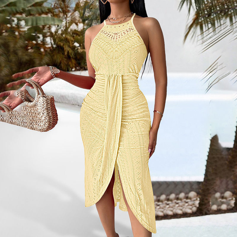 Women's Halter Neck Bodycon Midi Dresses Elegant Sleeveless Cocktail Party Dress