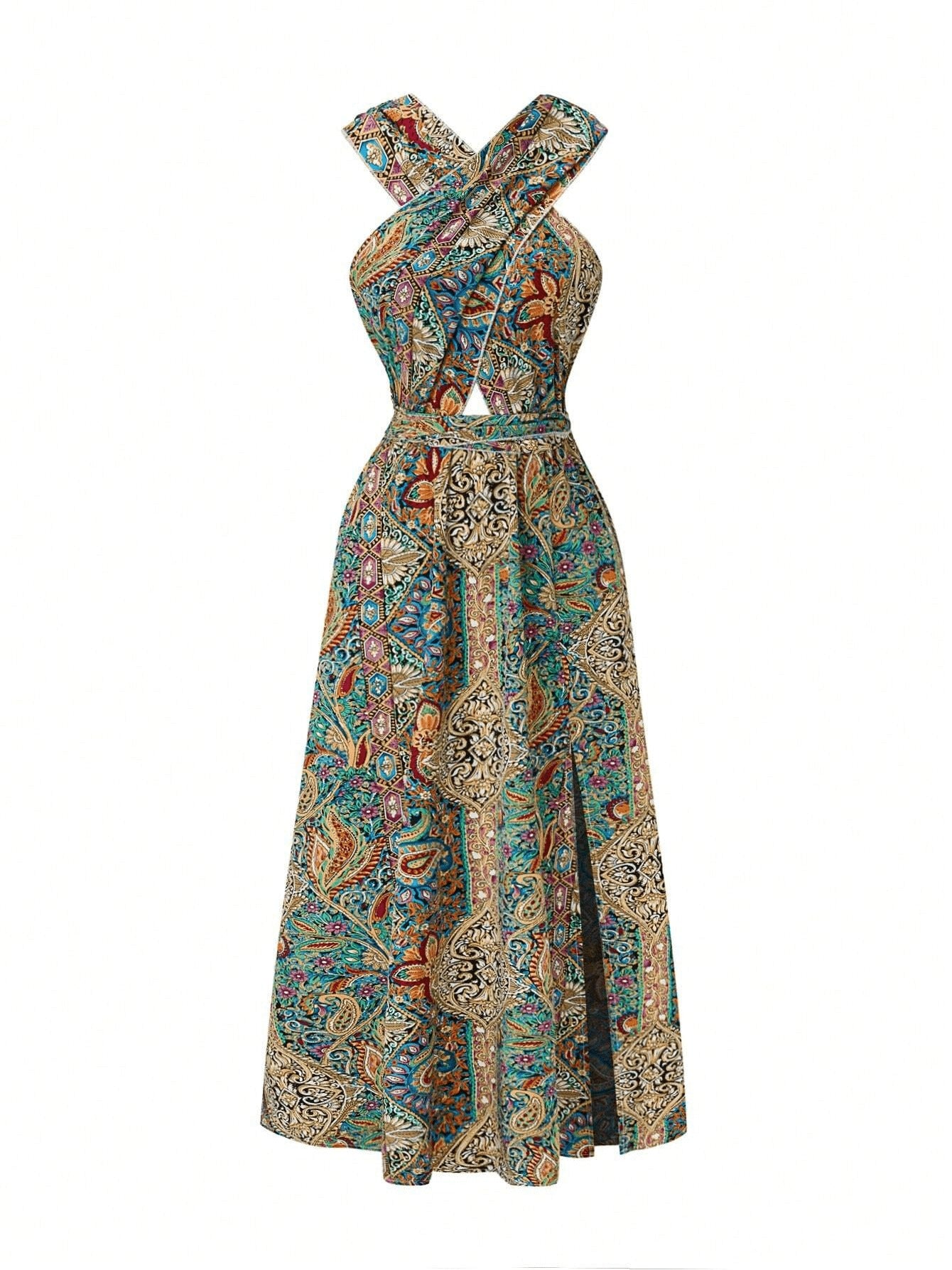 Women's Wrap-around Strappy Printed Halter High-waisted Dress