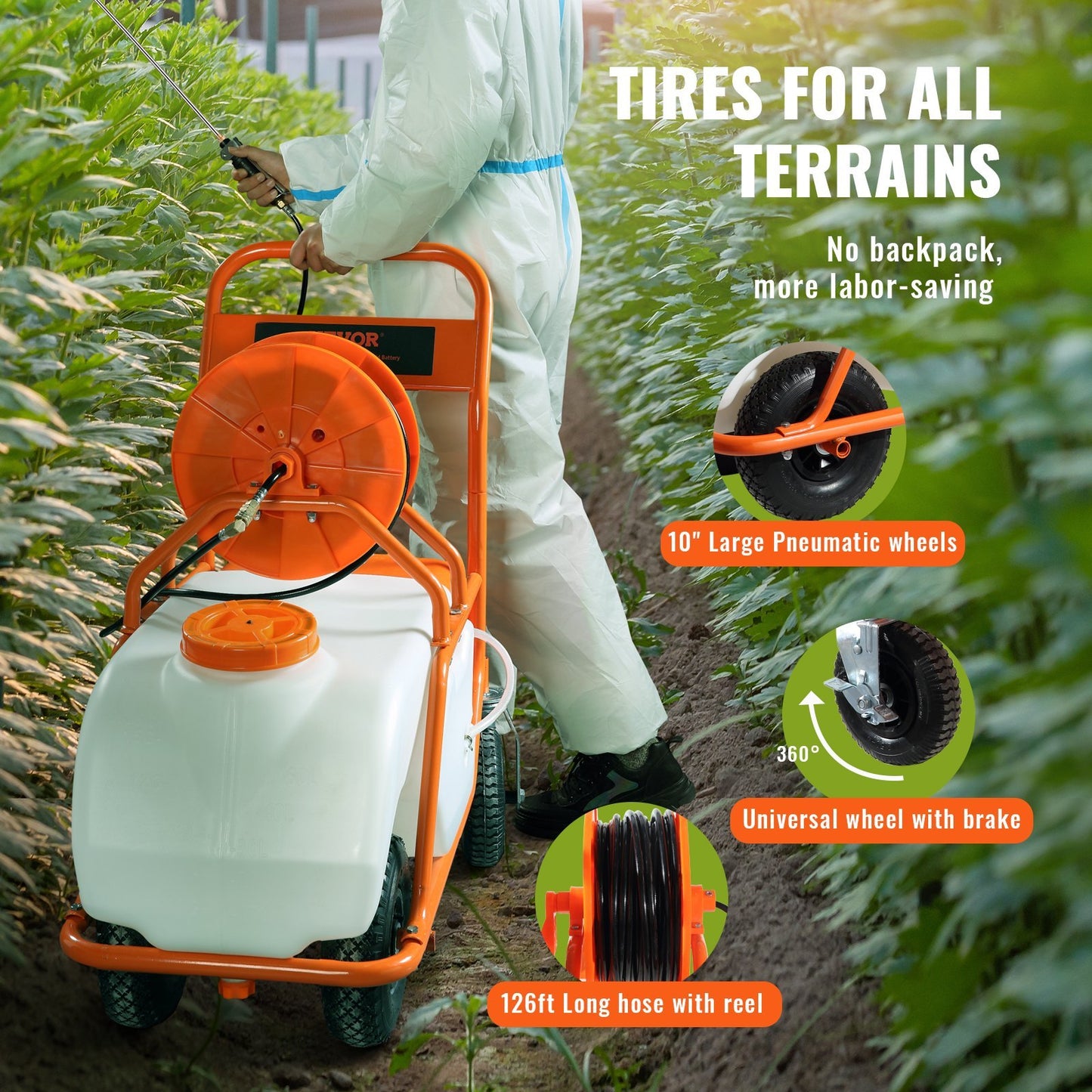 VEVOR Battery Powered Lawn Sprayer On Wheel, 0-90 PSI Adjustable Pressure, 15 Gallon Tank, Cart Sprayer With 8 Nozzles And 2 Wands, 12V 12Ah Battery, Wide Mouth Lid For Weeding, Spraying