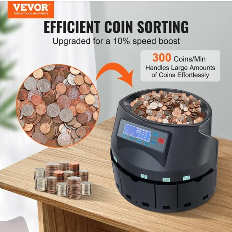 VEVOR USD Coin Sorter Coin Counter Wrapper And Roller 300 Coins Min LCD Display