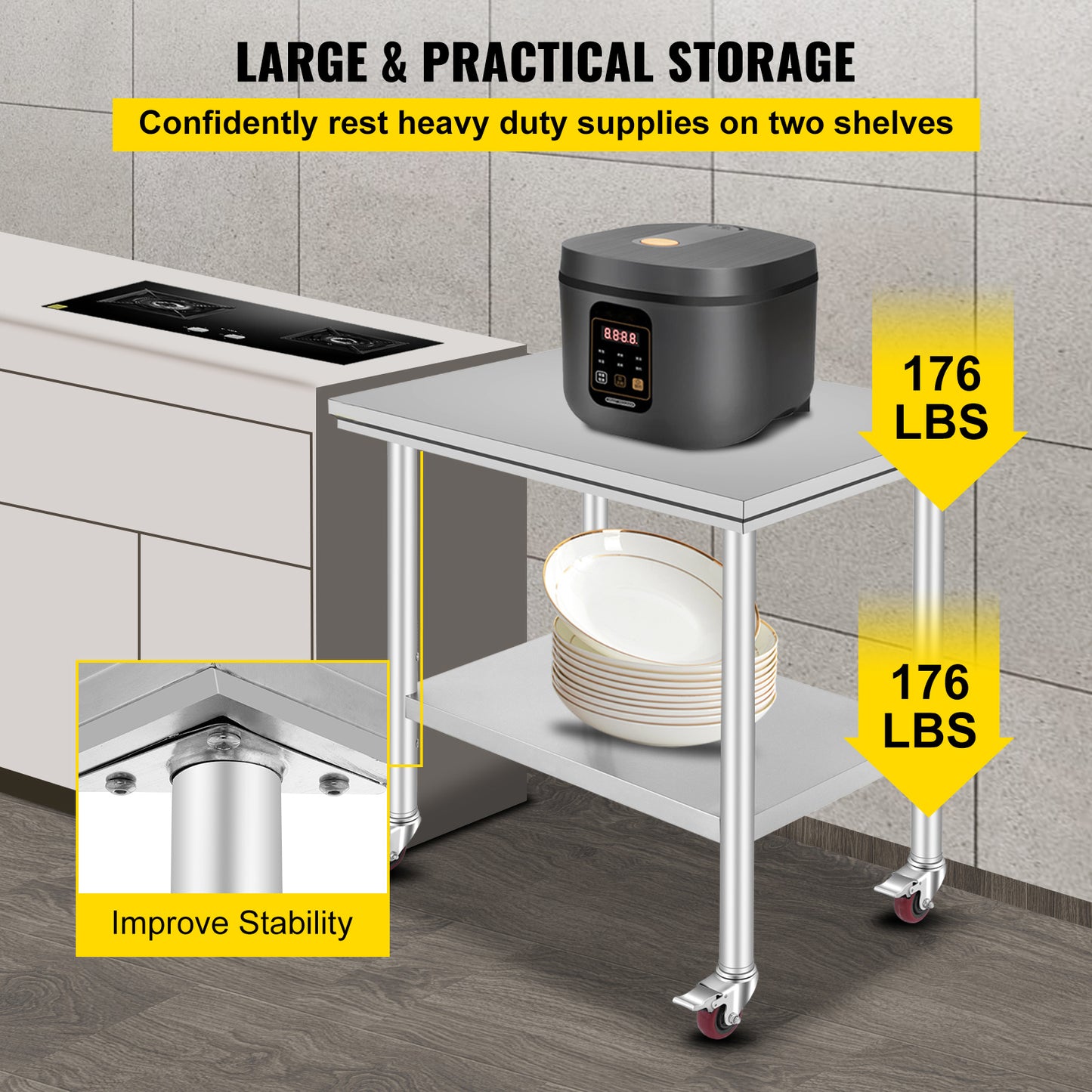 VEVOR Stainless Steel Work Table 36x24 Inch With 4 Wheels Commercial Food Prep Worktable With Casters Heavy Duty Work Table For Commercial Kitchen Restaurant