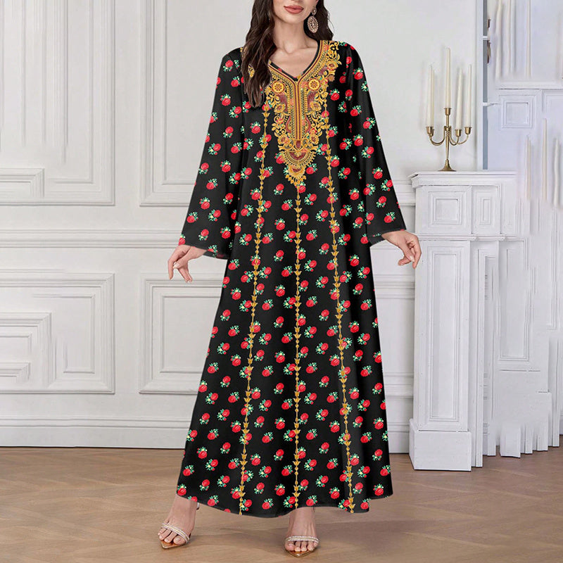 Women's Plus Size Ethnic Maxi Dress - Bohemian Embroidered Floral Print V-Neck Retro Long