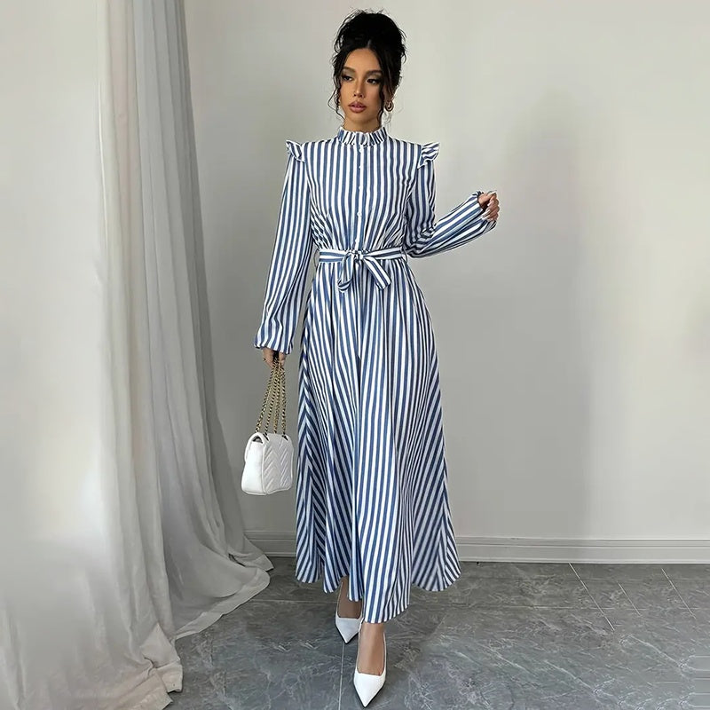 Women's Floral Print Long Sleeve Maxi - Stand Collar A-Line Dress With Waist Detail, Lantern Sleeves & Ruffle Hem