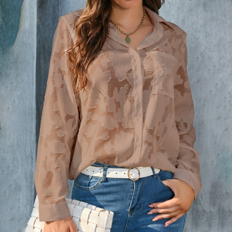 Women's Casual Sheer Button Down Shirt Long Sleeve V Neck Jacquard Blouse Top