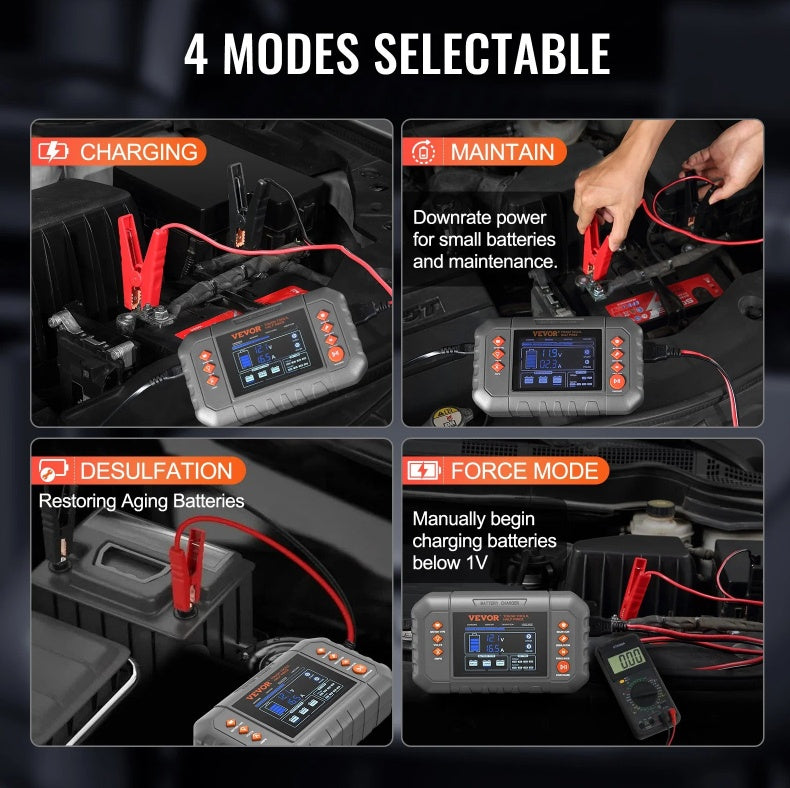 VEVOR Smart Battery Charger, 20-Amp, Lithium LiFePO4 Lead-Acid AGM Gel SLA Car Battery Charger With LCD Display, Trickle Charger Maintainer Desulfator For Boat Motorcycle Lawn Mower Deep Cycle