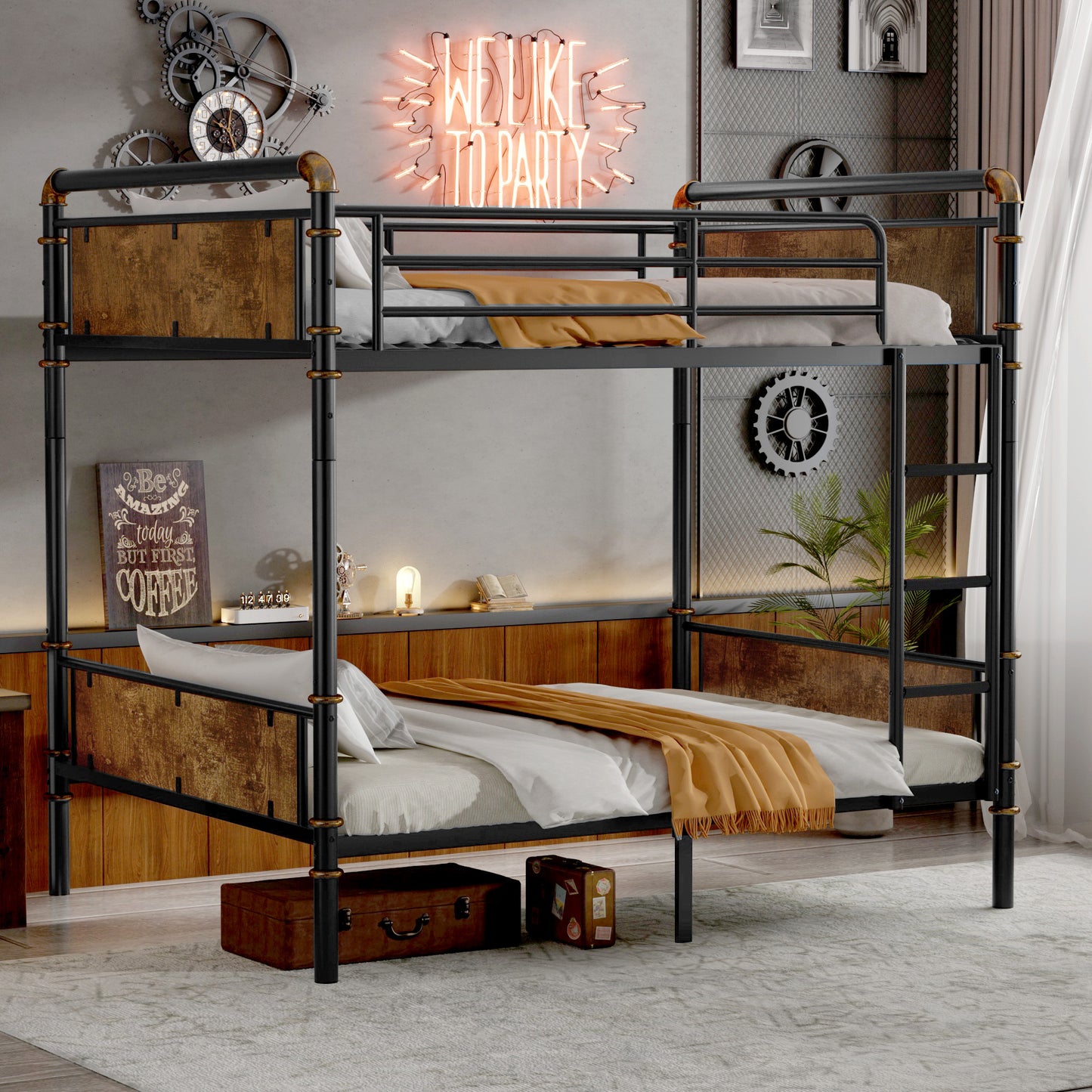 Double Bed Plus Double Bed Plus Metal Bunk Bed, Industrial Grade Detachable Bunk Bed With Safety Railing, Suitable For Teenagers, Black