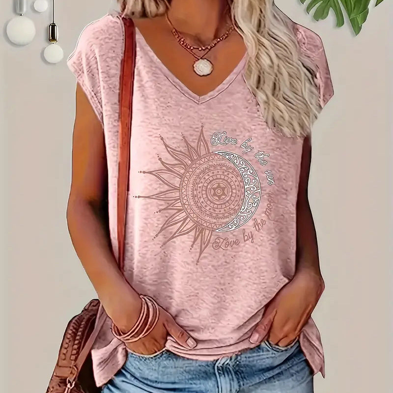2-Pack Women's V-Neck Graphic Print Tees - Summer Casual Short Sleeve Tops