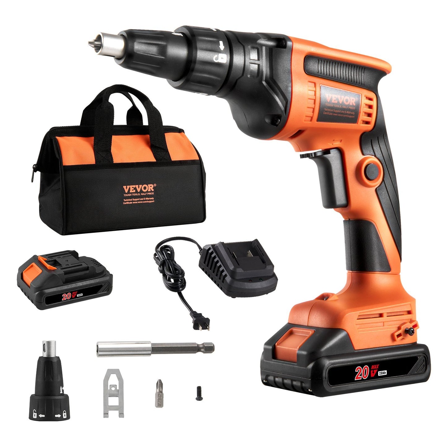 VEVOR Drywall Screw Gun, 20V Max Drywall Screwgun, 4200RPM Brushless Cordless Drywall Gun Kit With 2 Battery Packs, Charger, Belt Clip, And Tool Bag, Forward And Reverse Adjustable, Built-in LED Light