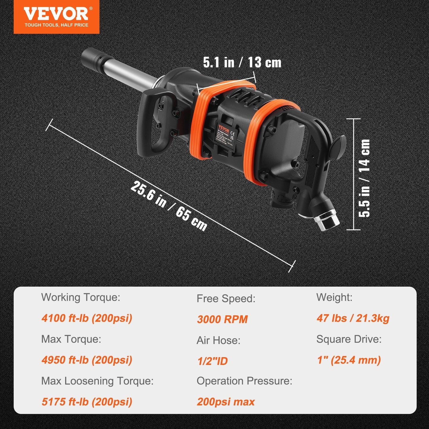 VEVOR 1 Inch Air Impact Wrench, Up To 5175 Ft-lbs Beast Reverse Torque Output Pneumatic Impact Gun 8 Inch Extended Anvil For Repairs And Maintenance Of Heavy Duty Machinery Semi-Truck Bus