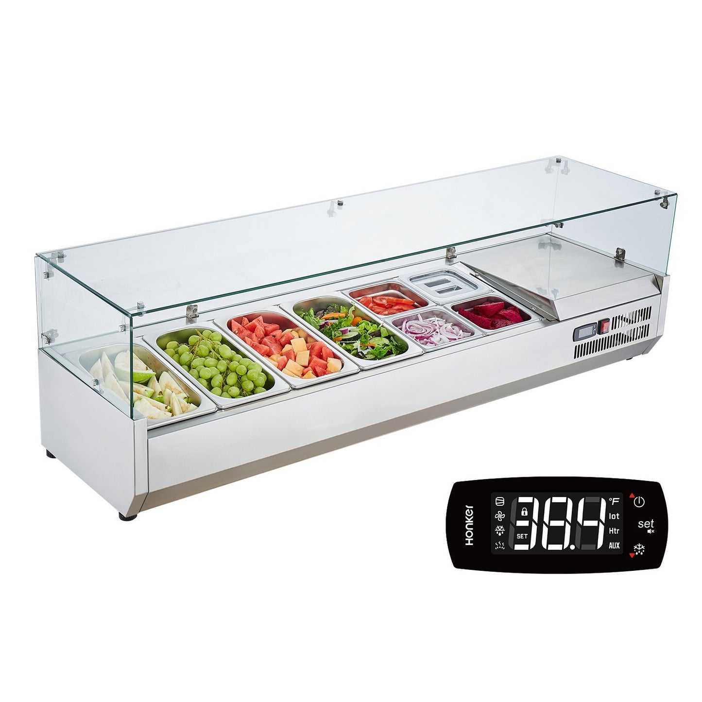 VEVOR Refrigerated Condiment Prep Station, 150 W Countertop Refrigerated Condiment Station, 304 Stainless Body And PC Lid, Sandwich Prep Table With Glass Guard, ETL