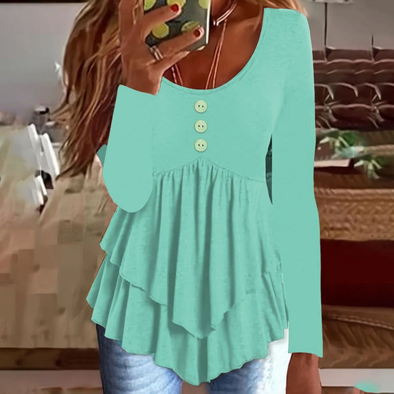 Casual Long Sleeve T-Shirt Solid Color Round Neck Layered Button Front Tunic Tops