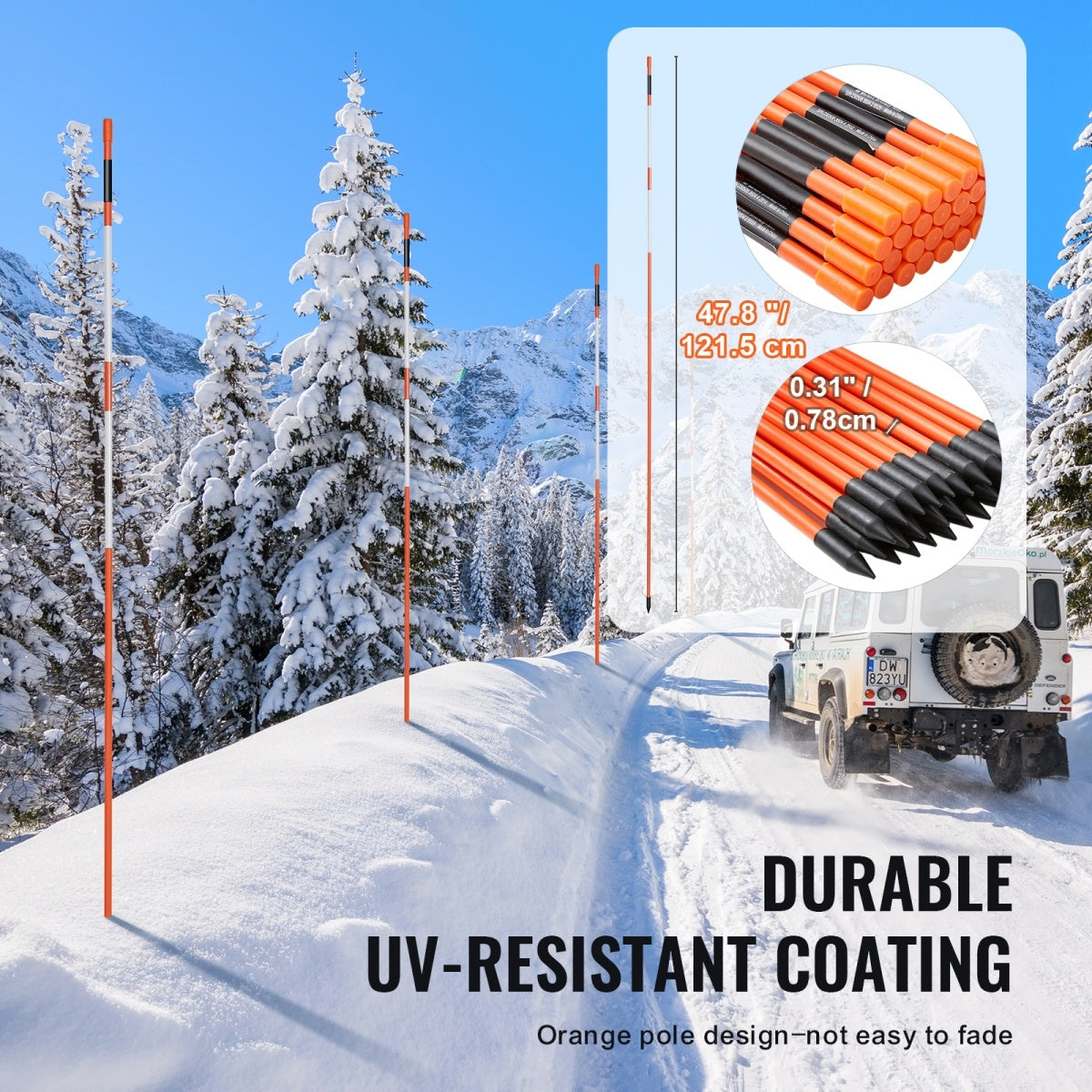 VEVOR Driveway Markers, 30 PCS 48 Inch, 0.4 Inch Diameter, Orange Fiberglass Poles Snow Stakes With Reflective Tape, Steel Drill Bit & Protection Gloves For Parking Lots, Walkways Easy Visibility