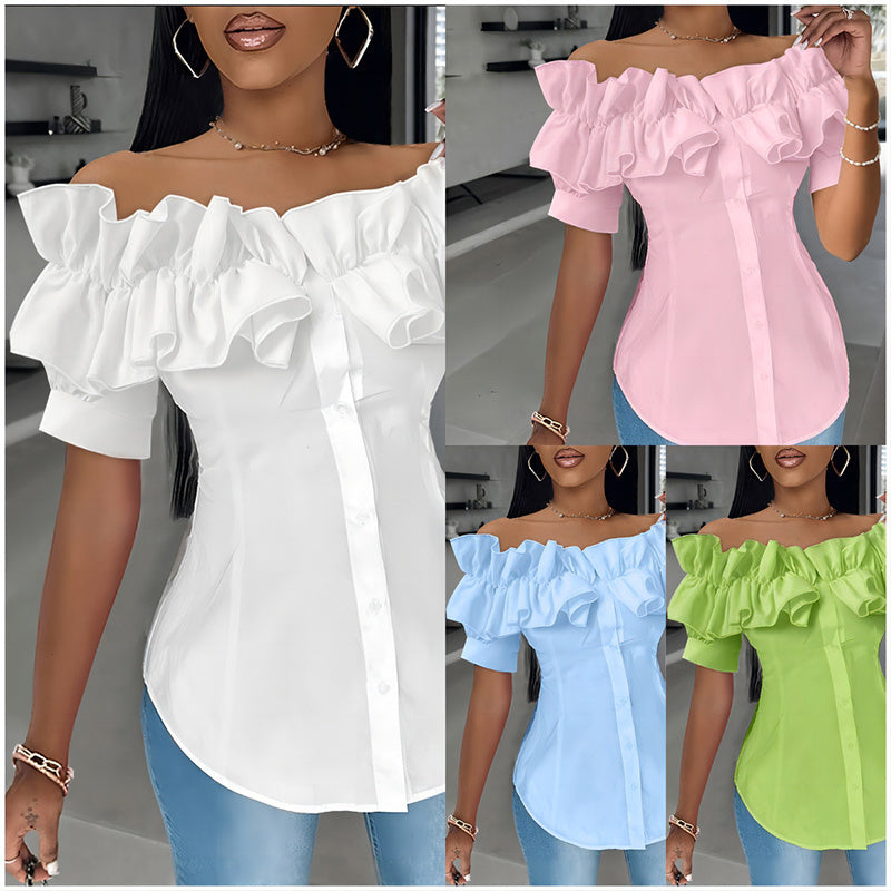 Women's Solid Color Off-Shoulder Ruffled Blouse - Waist Button-Down Shirt