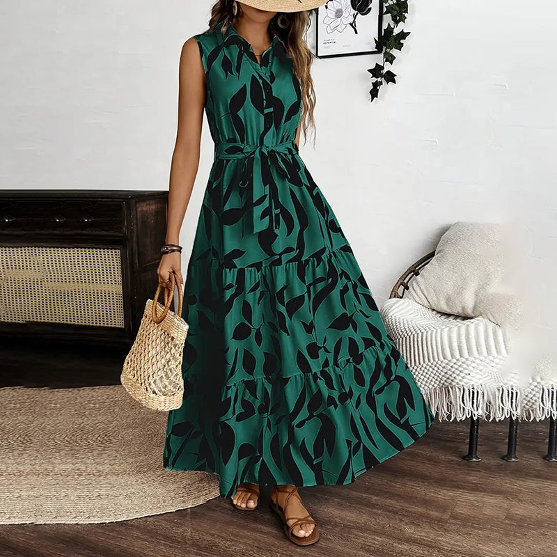 Sleeveless Boho Floral Maxi Dress Summer Button Shirt V Neck Flowy Belted Dresses