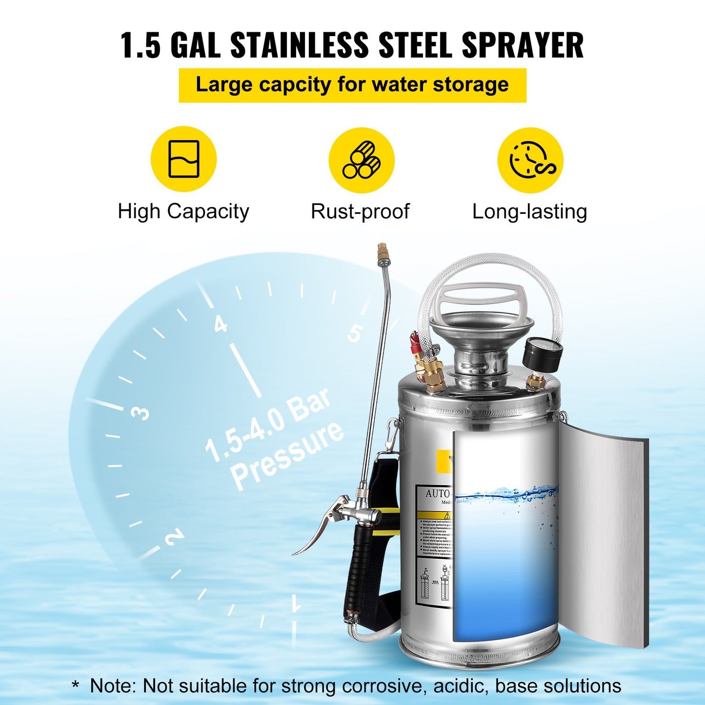 VEVOR 1.5Gal Stainless Steel Sprayer, 3.3FT Reinforced Hose, Hand Sprayer With Pressure Gauge Safety Valve, Adjustable Nozzle Suitable For Gardening Sanitizing