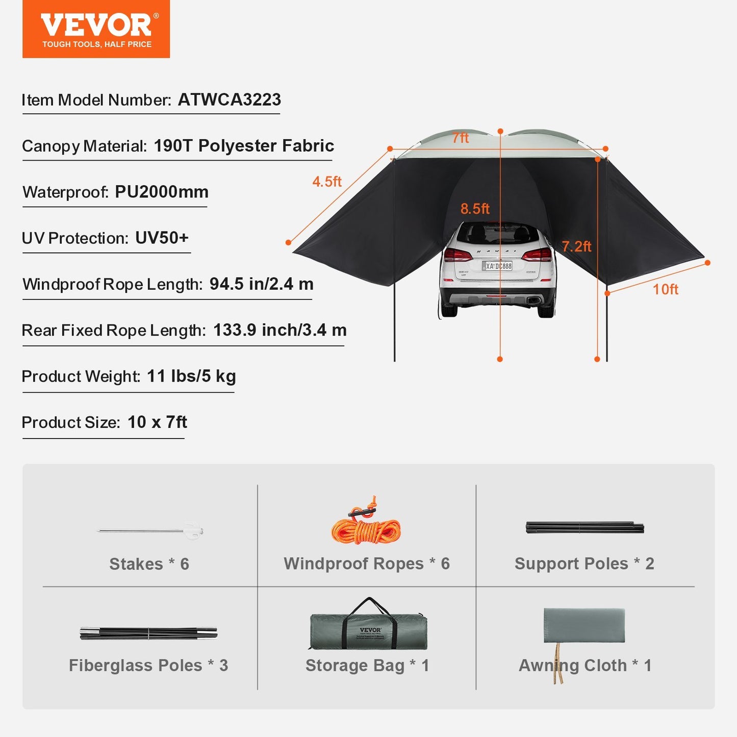 VEVOR Vehicle Awning, Large Shade Coverage Car Side Awning, PU2000mm UV50 Car Awning With Extended Side Canopies And Portable Storage Bag, Suitable For Truck, SUV, Van, Campers