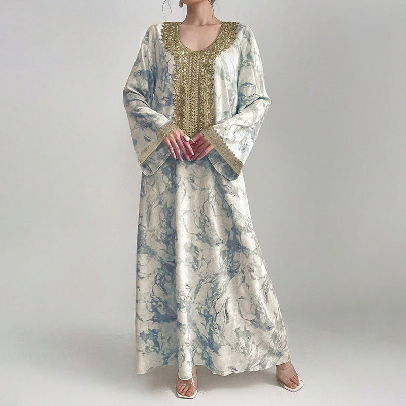 Women's Bohemian Embroidered Printed V-Neck Maxi Dress, Long Sleeve Loose Fit Casual Plus Size