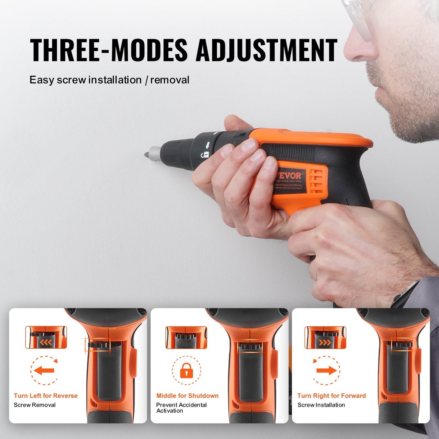 VEVOR Drywall Screw Gun, 20V Max Drywall Screwgun, 4200RPM Brushless Cordless Drywall Gun Kit With 2 Battery Packs, Charger, Belt Clip, And Tool Bag, Forward And Reverse Adjustable, Built-in LED Light