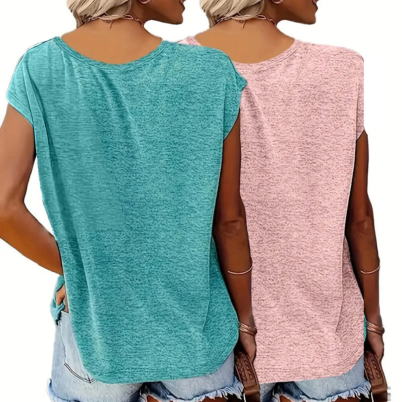 2-Pack Women's V-Neck Graphic Print Tees - Summer Casual Short Sleeve Tops